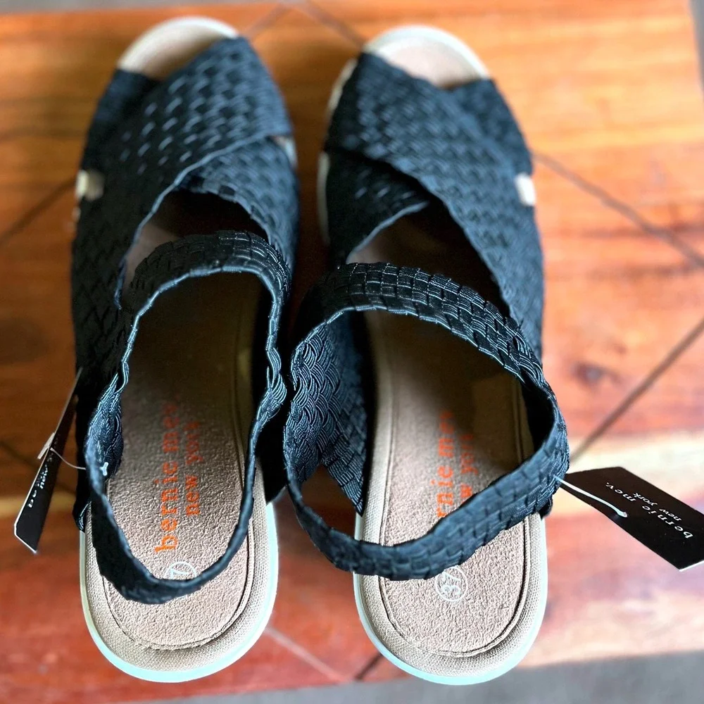 Bernie Mev Espa Buttercup Black Woven Elastic Espadrille Wedge Sandals Size 37/6